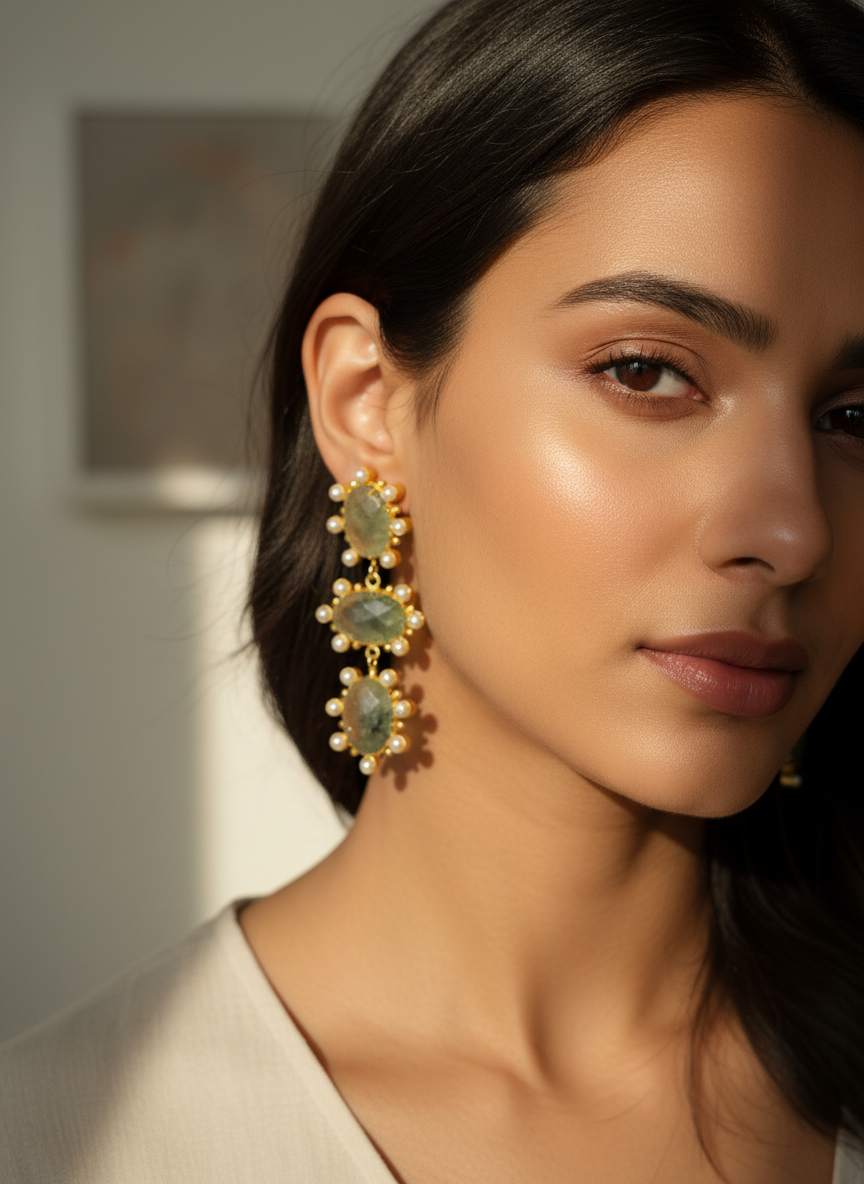 Naavi Jewels — model wearing green stone earrings